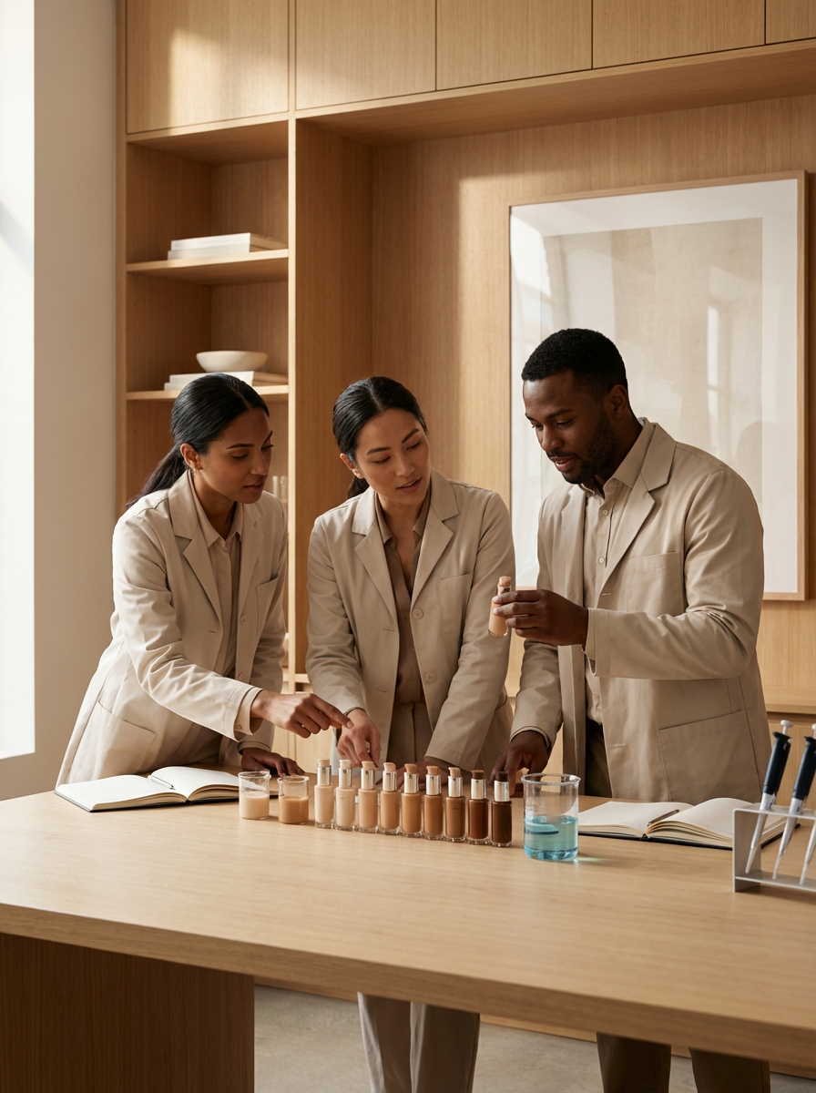 Three scientists in beige lab coats conducting an experiment with multiple small bottles of different shades of liquid on a wooden table.