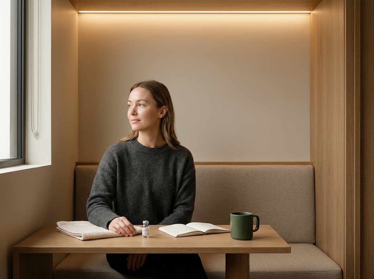 A woman with shoulder-length hair wearing a dark grey sweater sits at a wooden table, looking out the window. On the table, there is a green mug, an open notebook, a small bottle, and a folded cloth. The setting features a beige cushioned bench and a wooden wall with soft lighting.