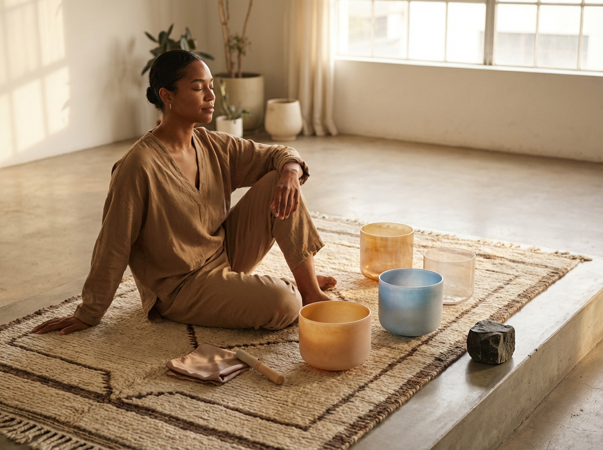 Mujer en posición de meditación sentada en una alfombra, rodeada de tazones de vidrio de colores y un gong pequeño, en un espacio con mucha luz natural y plantas decorativas al fondo.