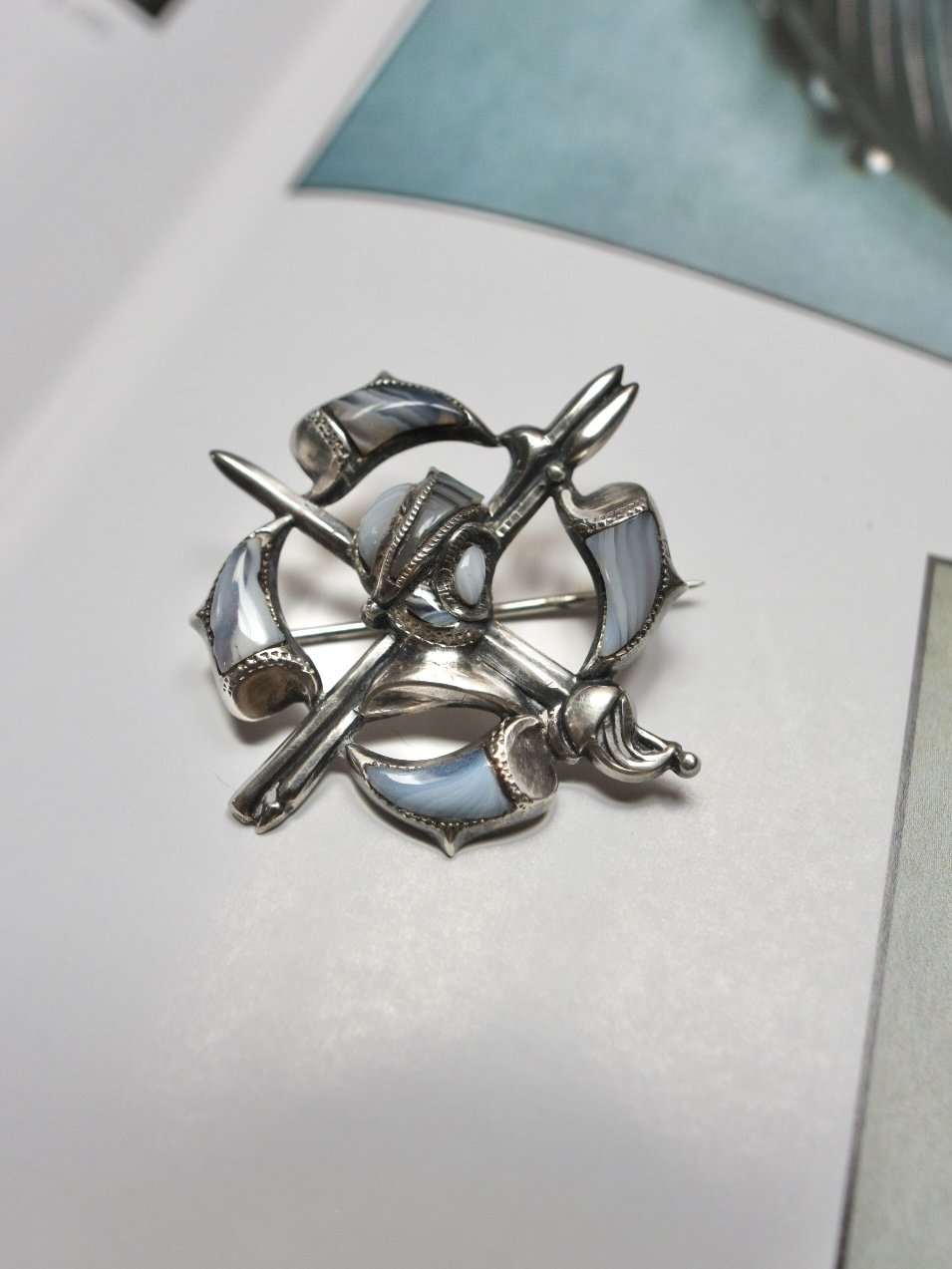 Antique Adie & Lovekin Scottish blue banded agate sterling silver brooch