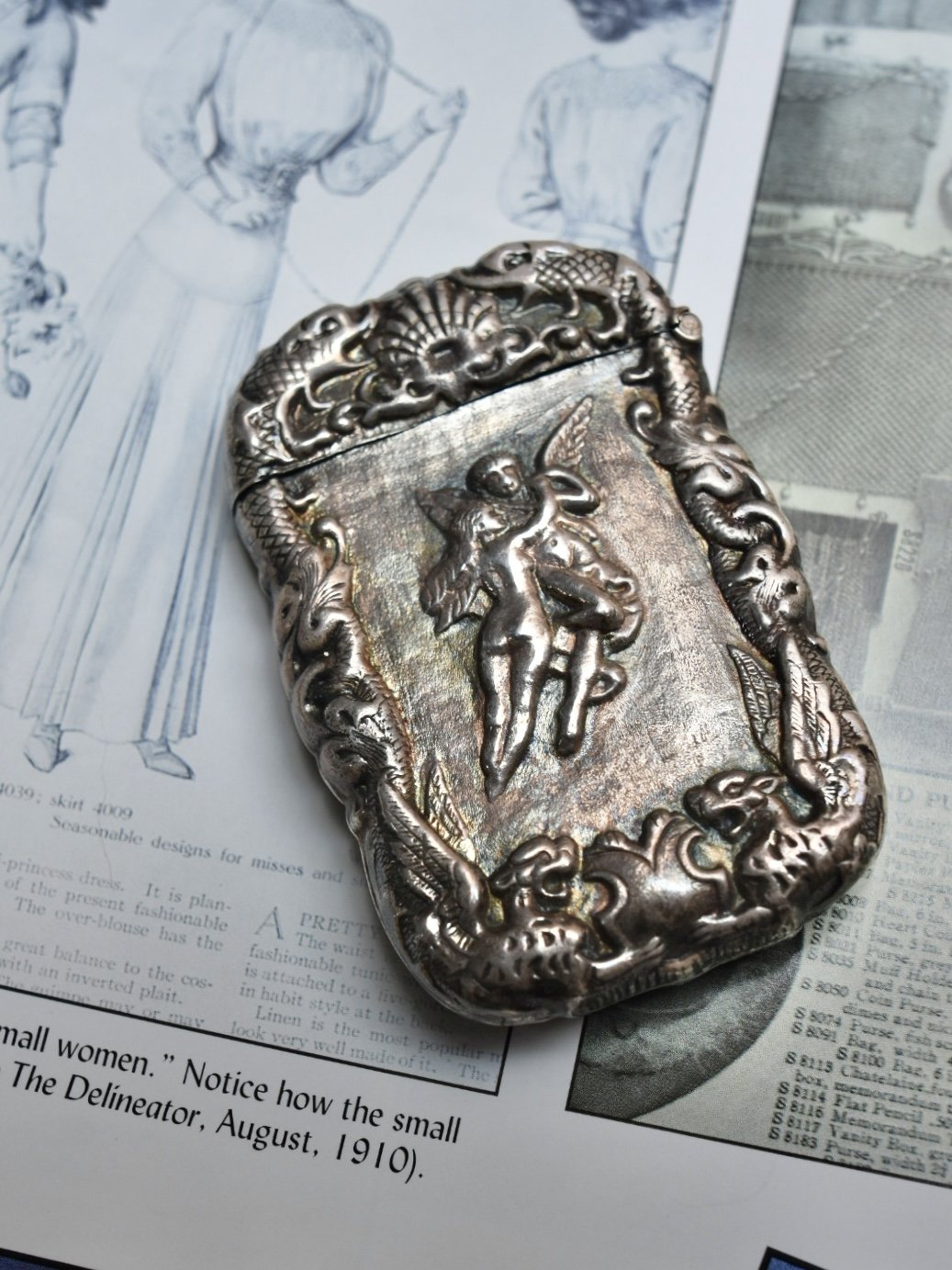 Antique Art Nouveau Eros and Psyche sterling silver repoussé match safe