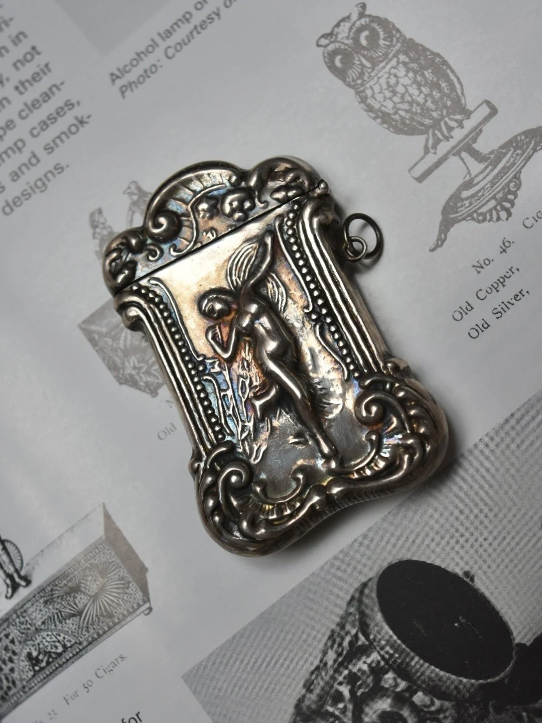 Antique Art Nouveau lady repoussé sterling silver match safe