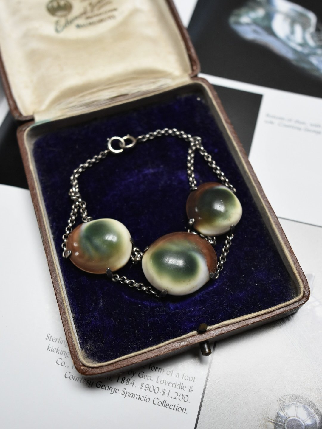 Antique Victorian sterling silver operculum shell bracelet