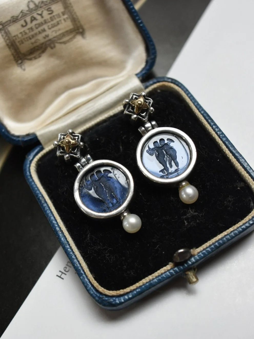 Italian blue Venetian glass intaglio sterling silver drop earrings with 18k gold accents