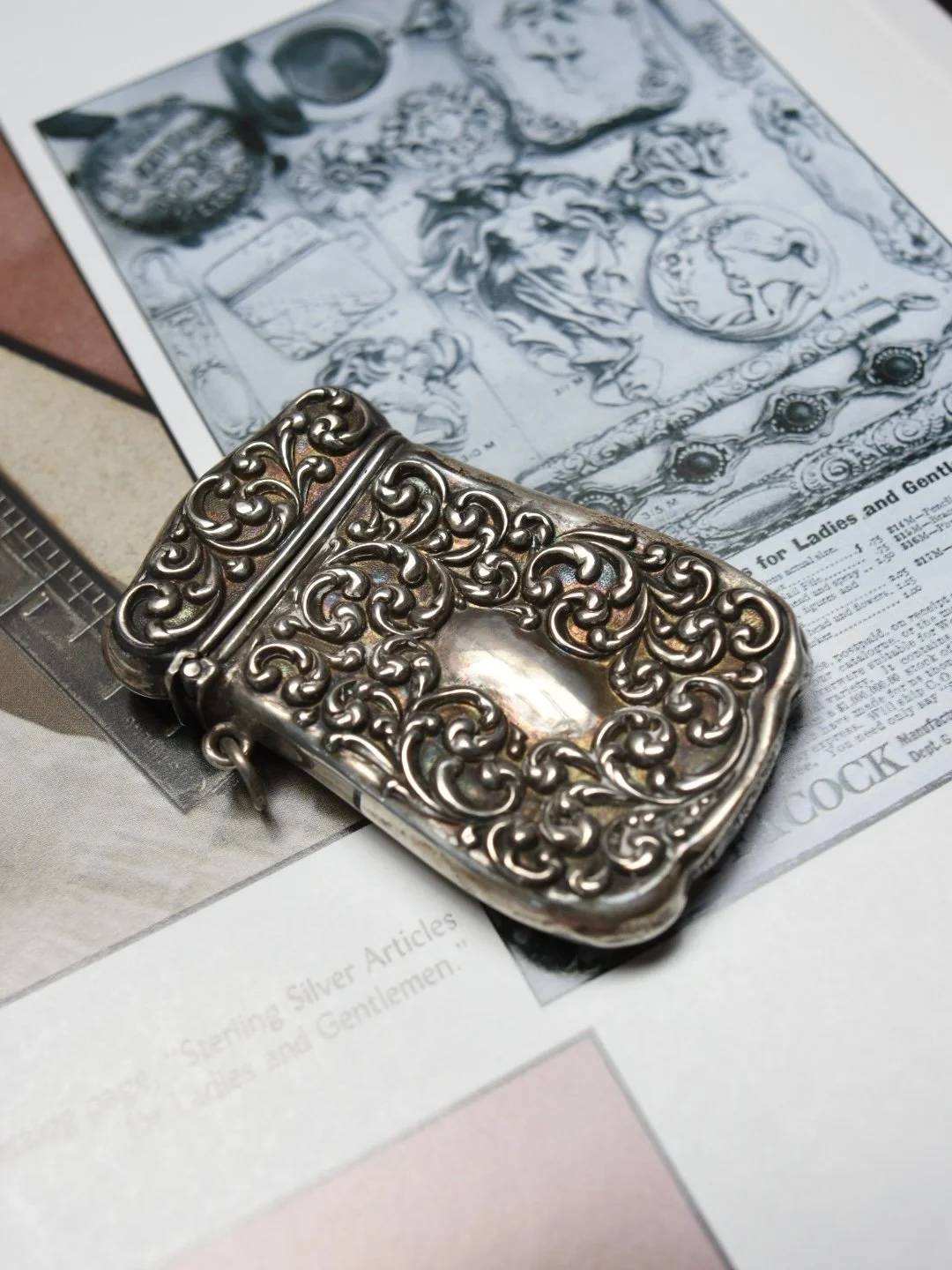 Antique Art Nouveau era sterling silver repoussé leaf match safe