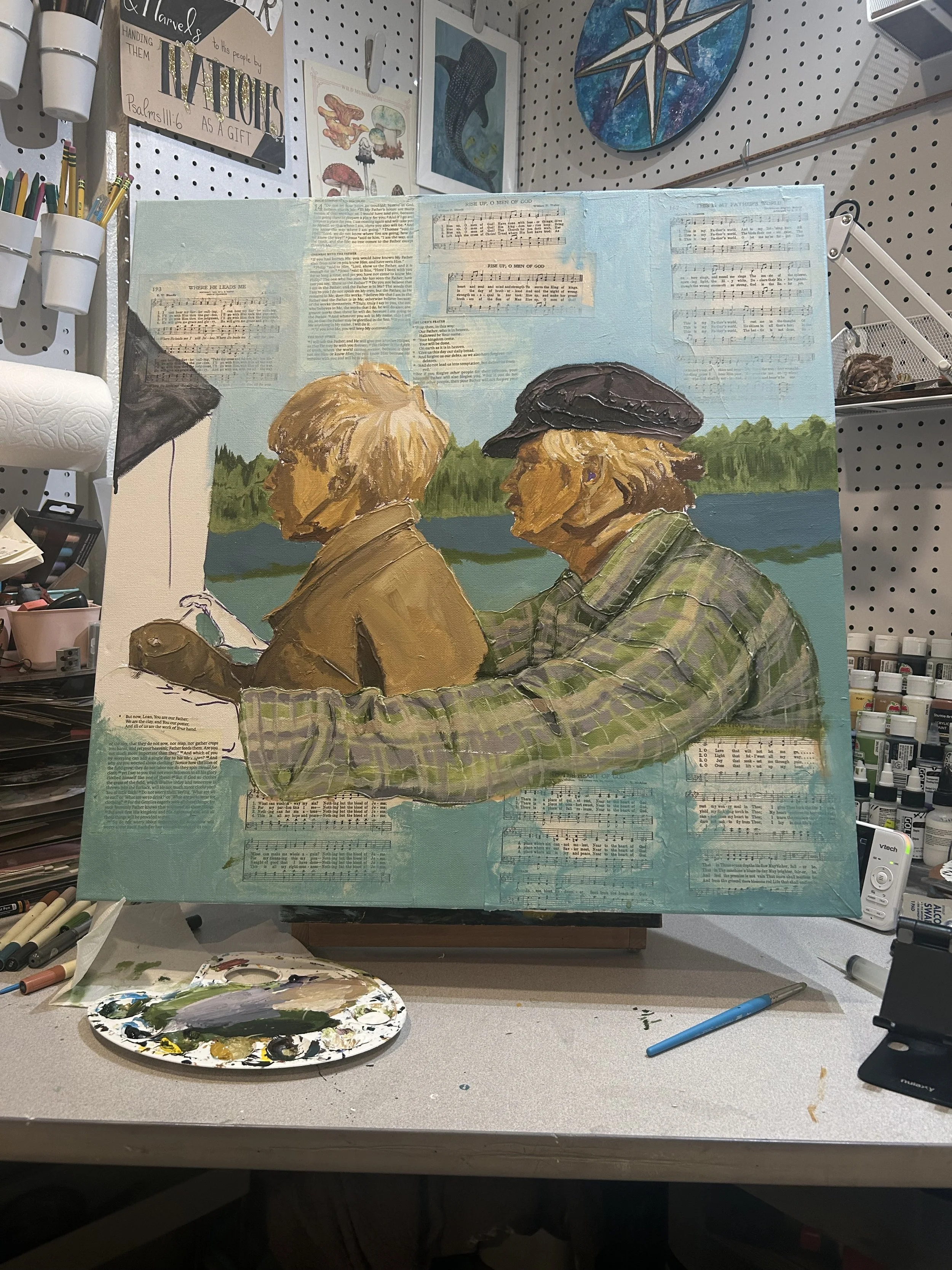 Near the Fathers Heart (in progress) 24"x24" Acrylic on Canvas
The close guidance and teaching of a father is a foundational role in a child's life. Gently moving their hand, teaching them how to live. 
With antique hymns underlaid beneath the scene 