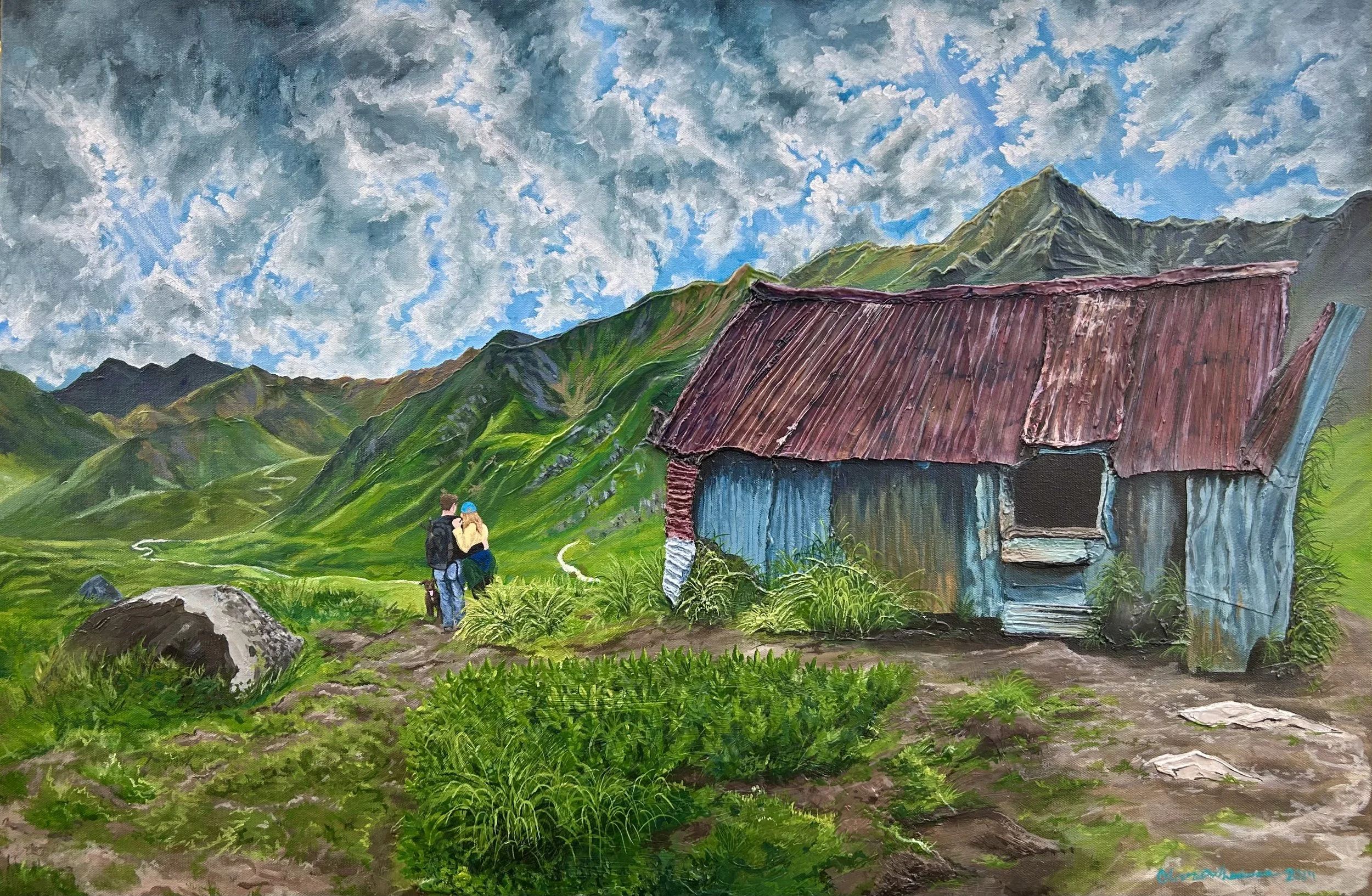 A mural of a rural landscape with green hills, a cloudy sky, and an old rustic barn. Two people with backpacks are standing in the foreground, gazing at the scenery.