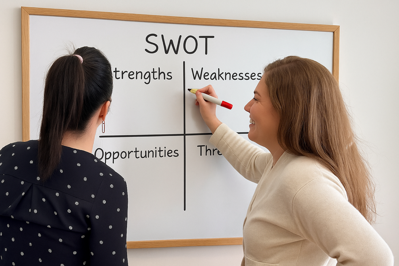 Two women standing in front of a whiteboard with a SWOT analysis chart. One woman is writing on the board while the other is observing. The chart has sections labeled strengths, weaknesses, opportunities, and threats.