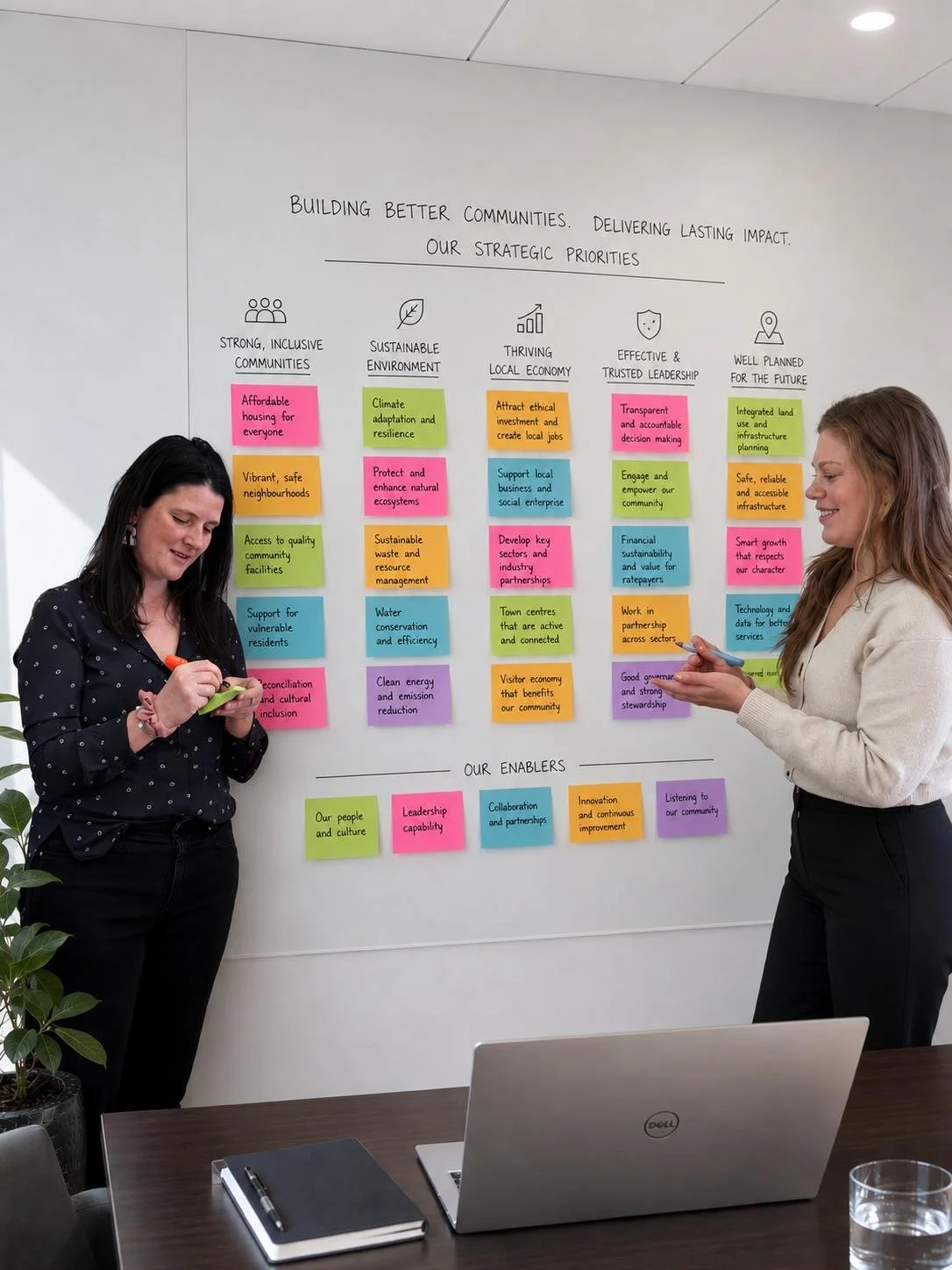 Two women standing in front of a whiteboard covered with colorful sticky notes, discussing strategic priorities for building better communities, including topics like inclusive communities, sustainable environment, local economy, leadership, and infrastructure.