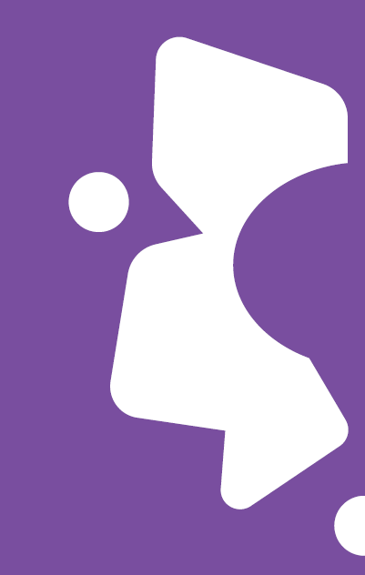 Abstract graphic with a purple background and white geometric shapes, including circles and irregular polygons.
