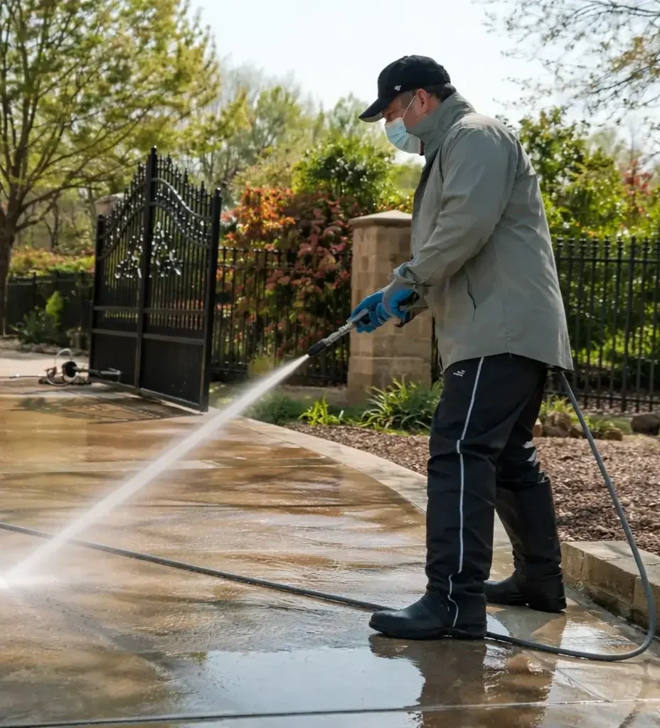 A man wearing a face mask, gloves, and outdoor clothing is pressure washing a concrete sidewalk outdoors with a spray nozzle.