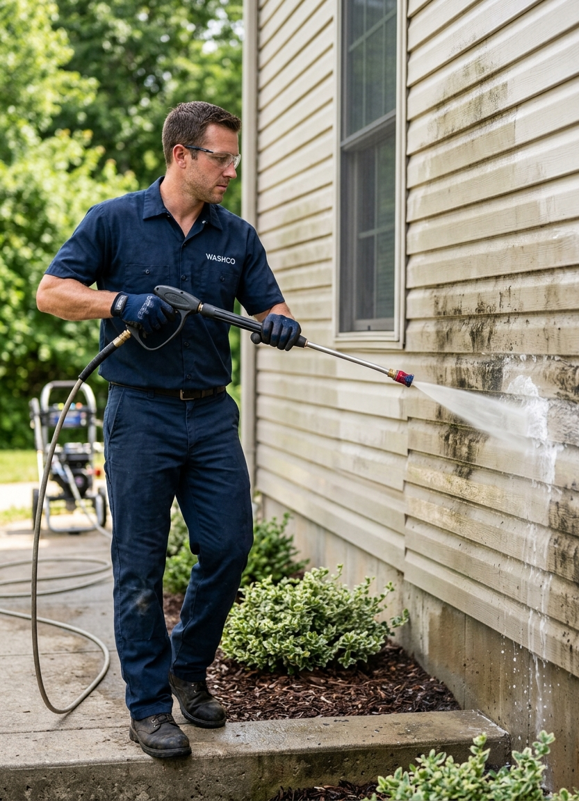 A man in safety glasses, gloves, and a navy blue uniform with a company logo power washing the exterior siding of a house.