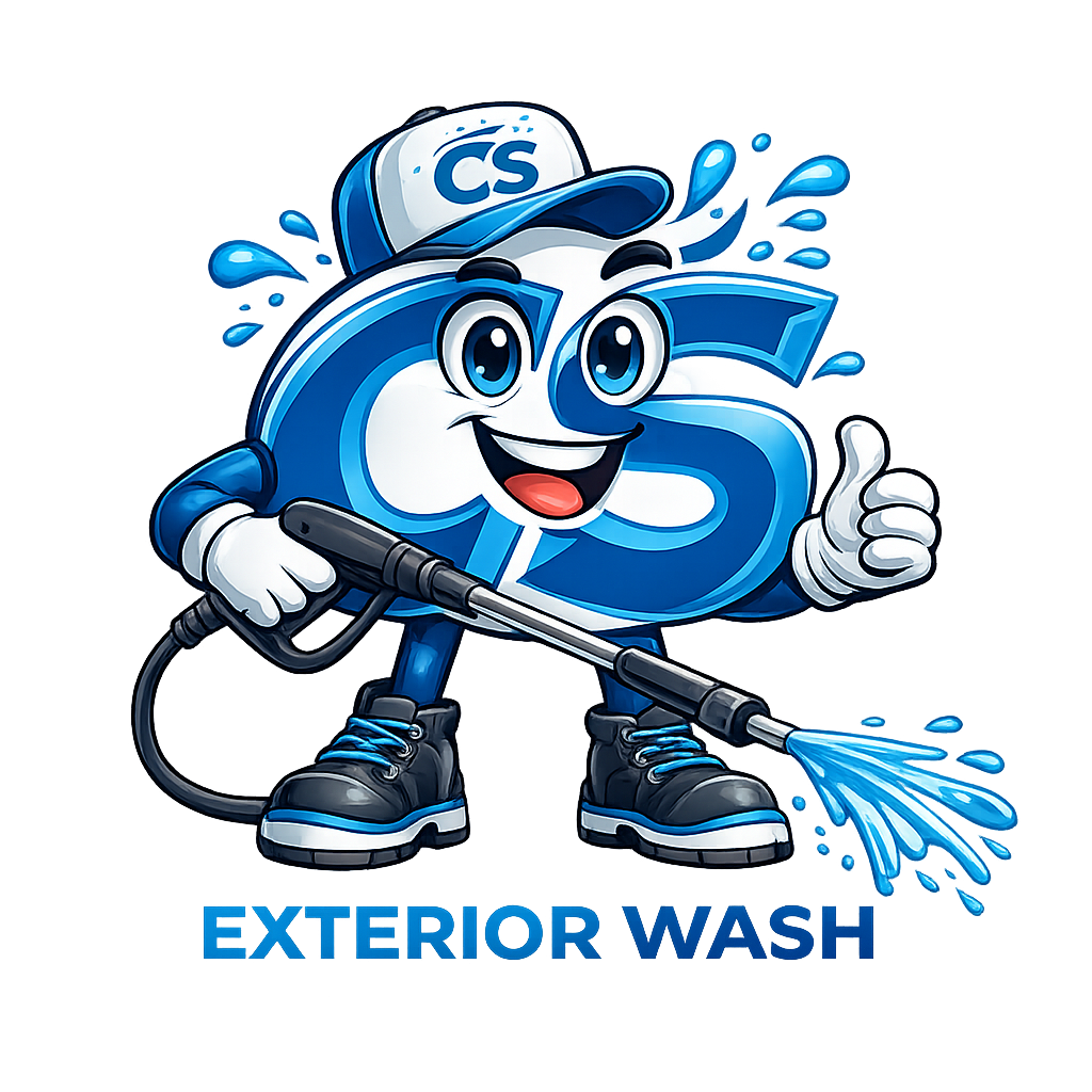 A cartoon character resembling the letter 'S' wearing a blue and white cap labeled 'CS', holding a cleaning device spraying water, giving a thumbs up, and standing on the text 'EXTERIOR WASH'.