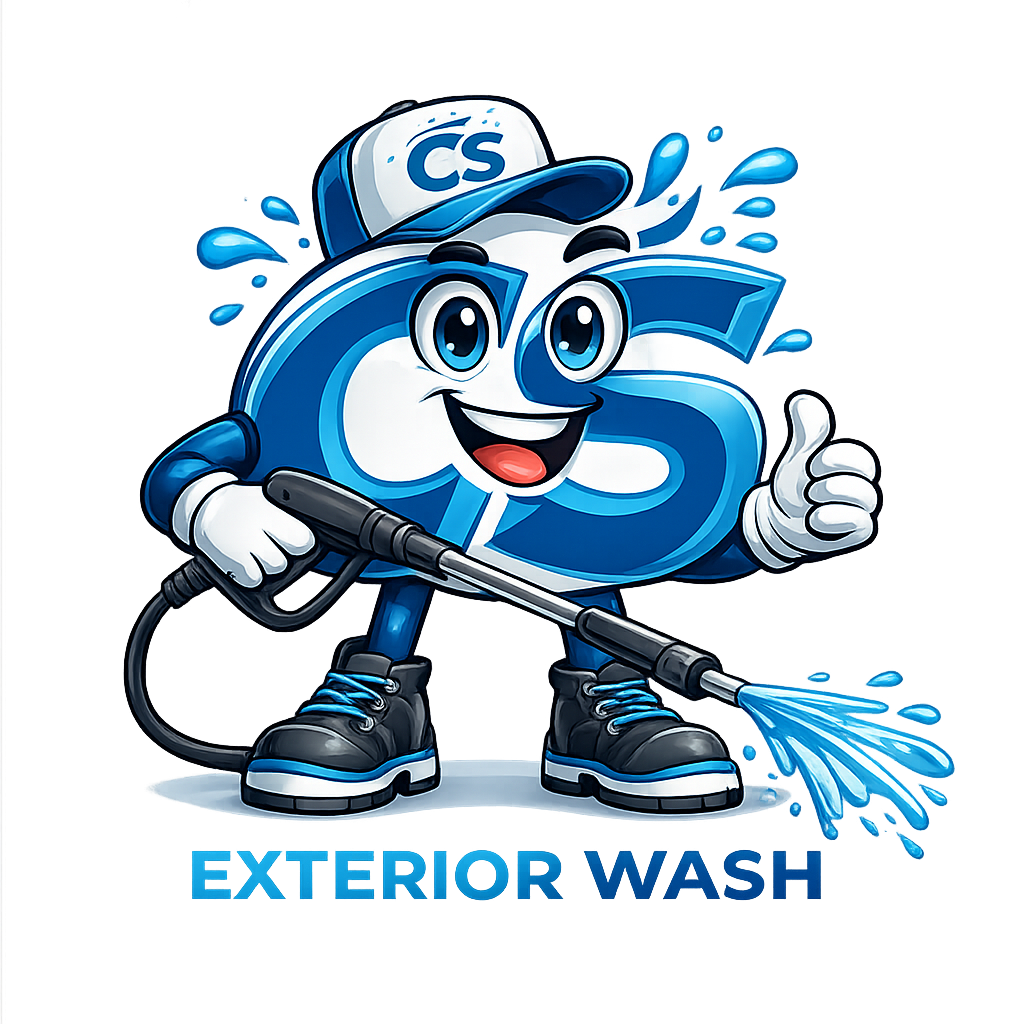 Cartoon mascot of the letter 'S' wearing a cap labeled 'CS', holding a pressure washer, giving a thumbs up, standing on a platform with the words 'Exterior Wash'.
