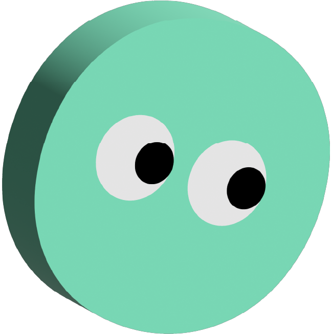 A round, mint-green cartoon character with two large white eyes and black pupils, looking slightly to the side.