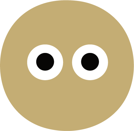 A rounded beige face with two large white eyes and black pupils.