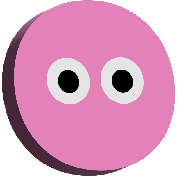 Pink circular cartoon face with large white eyes and black pupils