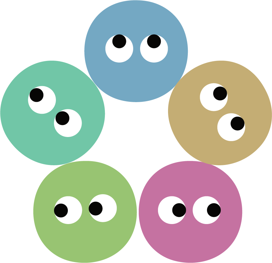 Five colorful circles with googly eyes arranged in a star shape.