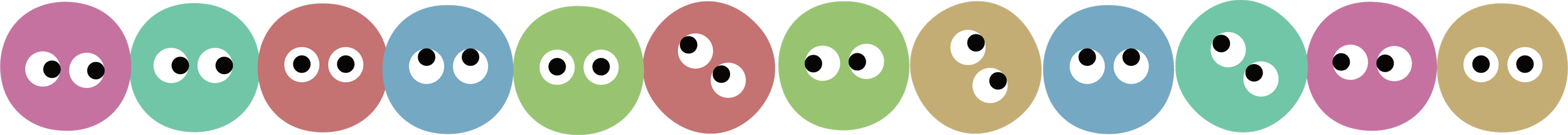 Colorful cartoon balls with eyes arranged in a horizontal line, featuring pink, green, red, blue, tan, and purple colors.