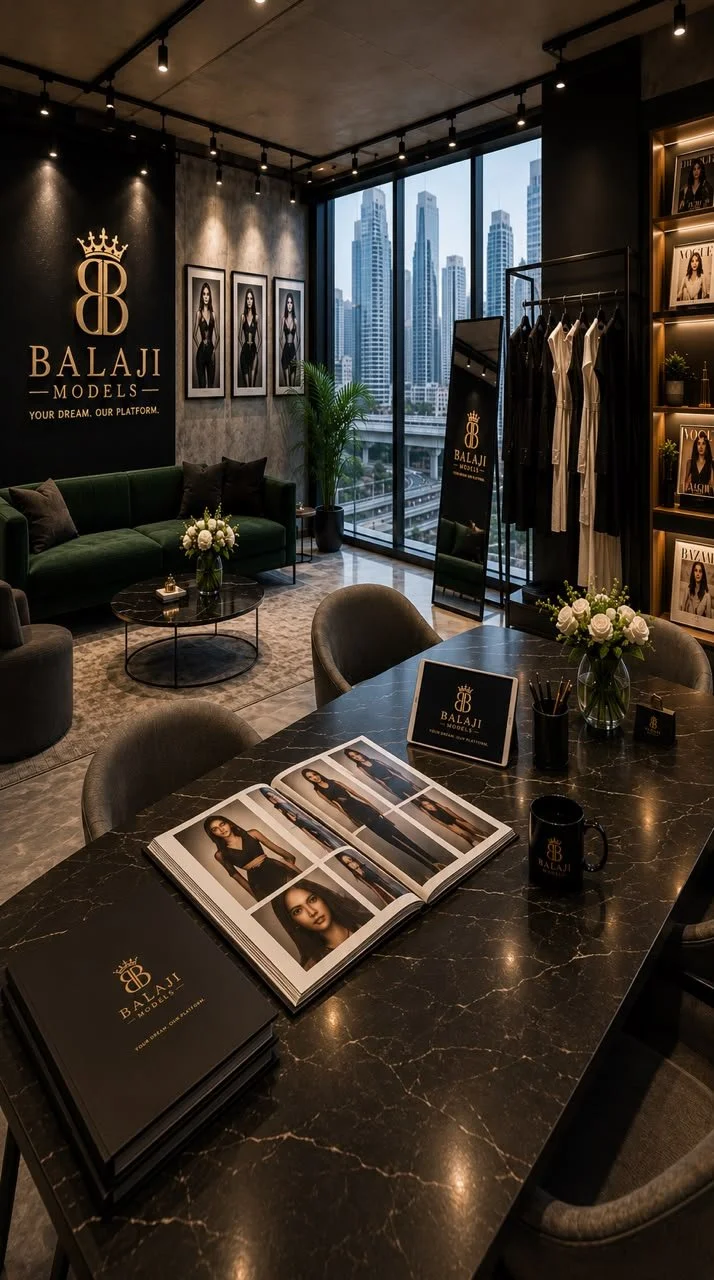 A modern, stylish Fashion Modeling Agency office with large windows showing a city skyline. The room has a black marble table with brochures and a coffee mug, a green couch with pillows, framed photos of models on the walls, a clothing rack with white and black dresses, a tall mirror, and decorative plants.