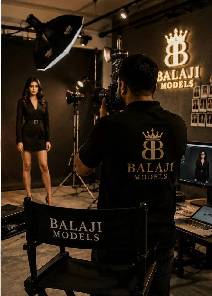 Photographer taking pictures of a female model during a photoshoot at Balaji Models studio with professional lighting equipment and a backdrop featuring the Balaji Models logo.