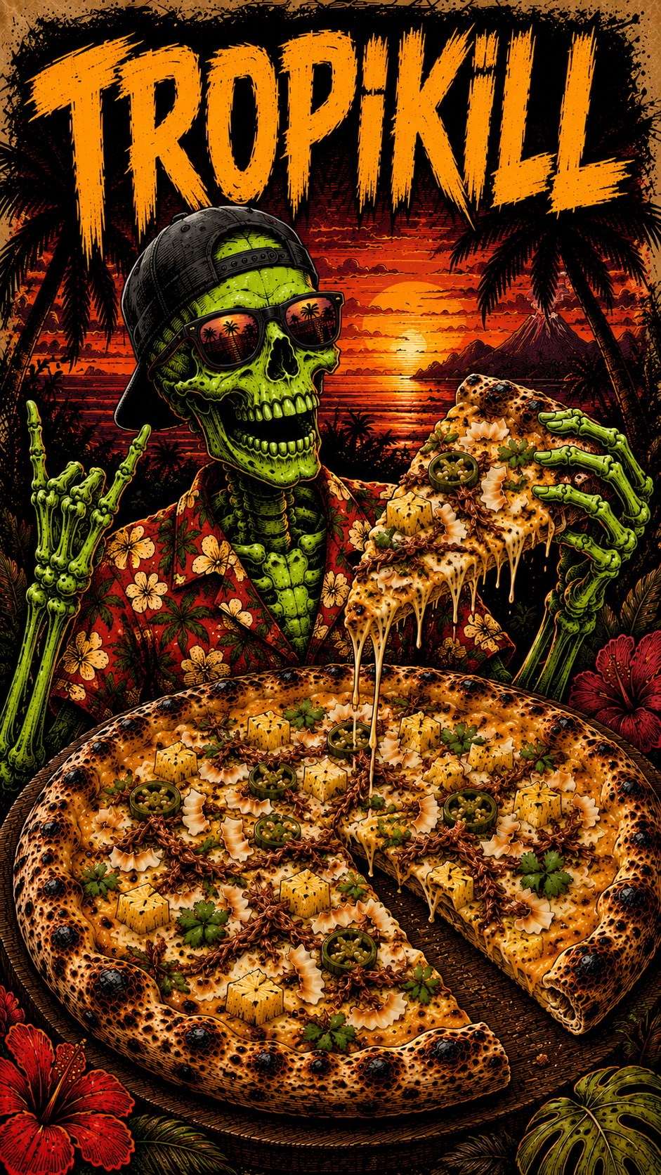 Skeleton Pi Geraldine's Pizza of the Week. A skeleton wearing sunglasses and a Hawaiian shirt holding a slice of pizza, with a sunset in the background and tropical plants around.
