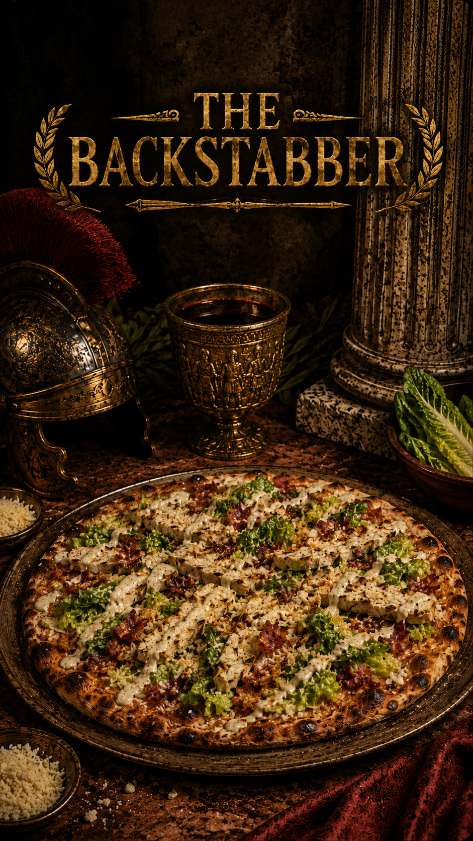 Skeleton Pi Geraldine's Pizza of the Week. featuring a decorative medieval-style setting with a pizza topped with greens, cheese, and meats, accompaniments, a goblet, a small dish of cheese, and ornate goblets and pillars.