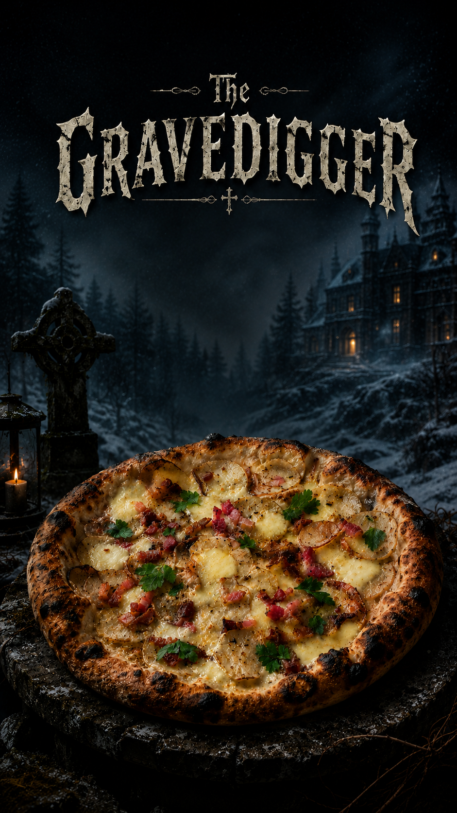 'The Cravedigger' features a dark, snowy forest with a large haunted mansion in the background, a gravestone with a cross, a lit candle inside a lantern, and a pizza in the foreground. Skeleton Pi Geraldine's Pizza of the Week. 
