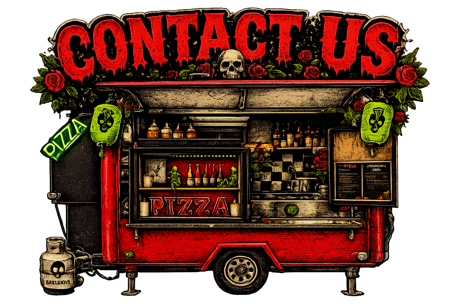 A Skeleton Pi food truck with a red and black color scheme and Gothic decorations, including skulls and roses, with a large 'CONTACT US' sign on top. The truck offers pizza and has a neon pizza sign, bottles inside, and a menu.