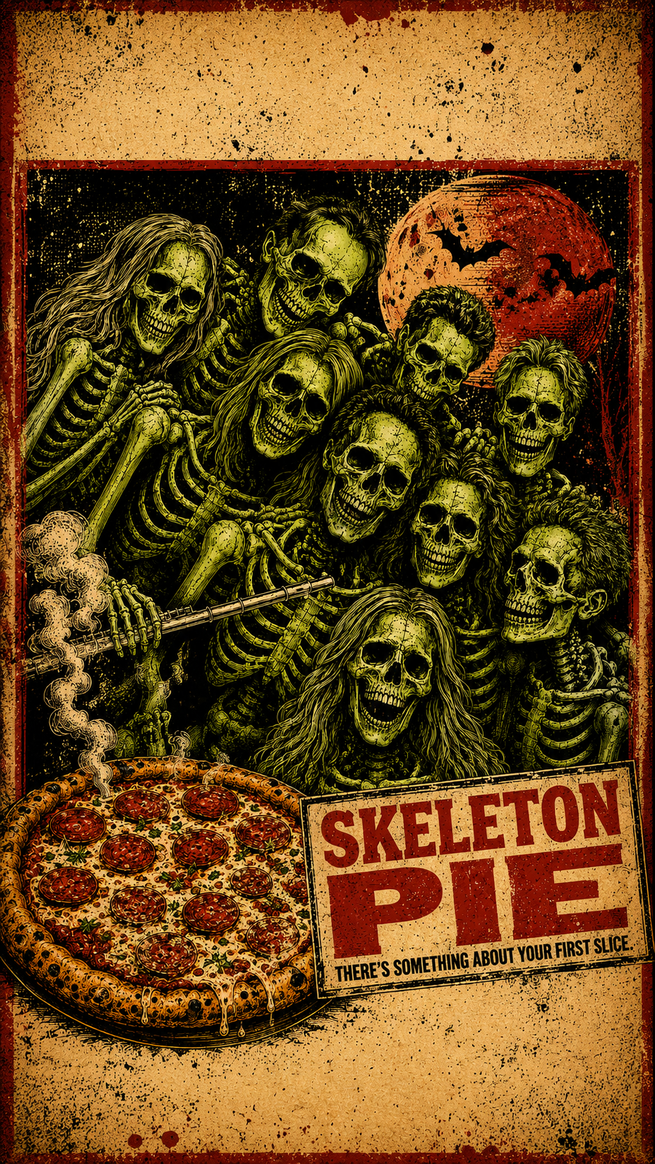 A graphic illustration featuring a group of skeletons with long hair and sunglasses, set against a dark starry sky with a large red moon and bats. In the foreground. Skeleton Pi Geraldine's Pizza of the Week. 