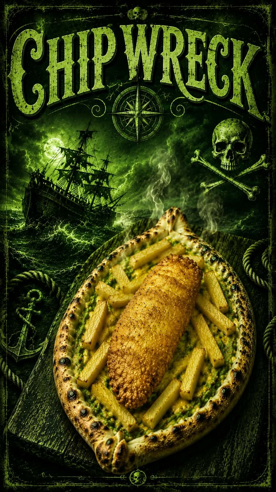 Skeleton Pi Geraldine's Pizza of the Week. A pirate-themed background with a ship, skull and crossbones, and stormy sea, overlaid with a dish of fried fish and French fries garnished with green sauce.