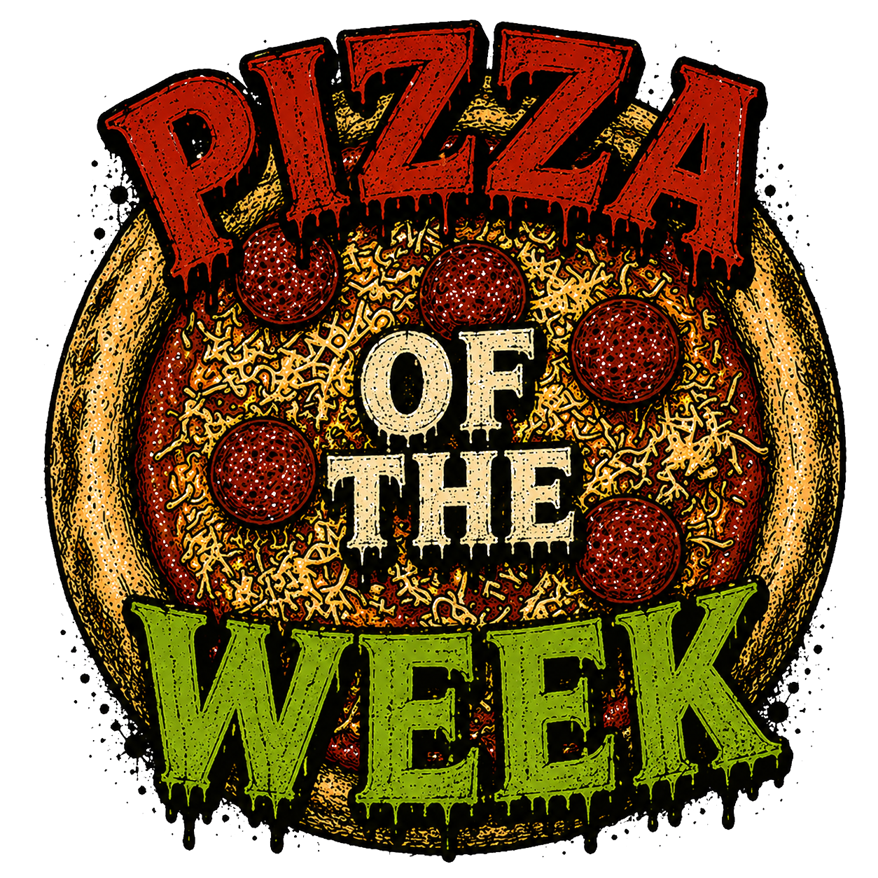 A graphic of a pizza with pepperoni, cheese, and tomato sauce, with the words 'Pizza of the Week' in a spooky, drippy font for Skeleton Pi's Pizza of the Week
