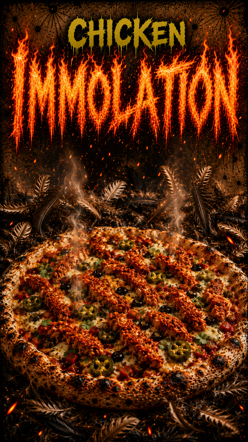 Skeleton Pi Geraldine's Pizza of the WA spicy chicken imitation pizza with fried chicken strips, jalapeño slices, black olives, and herbs on a crust with fire and feathers in the background, and the words 'Chicken Imitation' in fiery text at the top.