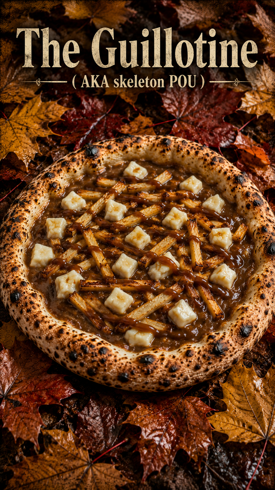 Skeleton Pi Geraldine's Pizza of the Week. A pizza with a charred crust topped with cheese, caramelized onions, and drizzled with barbecue sauce, set on autumn leaves.