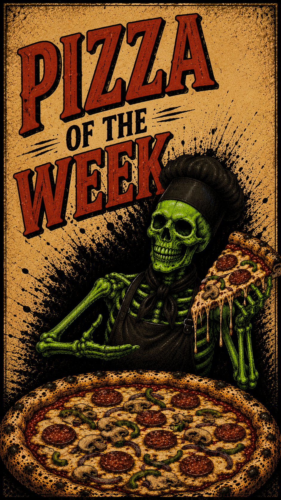 Skeleton Pi Geraldine's Pizza of the Week. A skeleton dressed as a chef holding a pizza, with a large pizza in the foreground and a newspaper headline style text that reads "Pizza of the Week," in a graphic art style with splattered ink background.