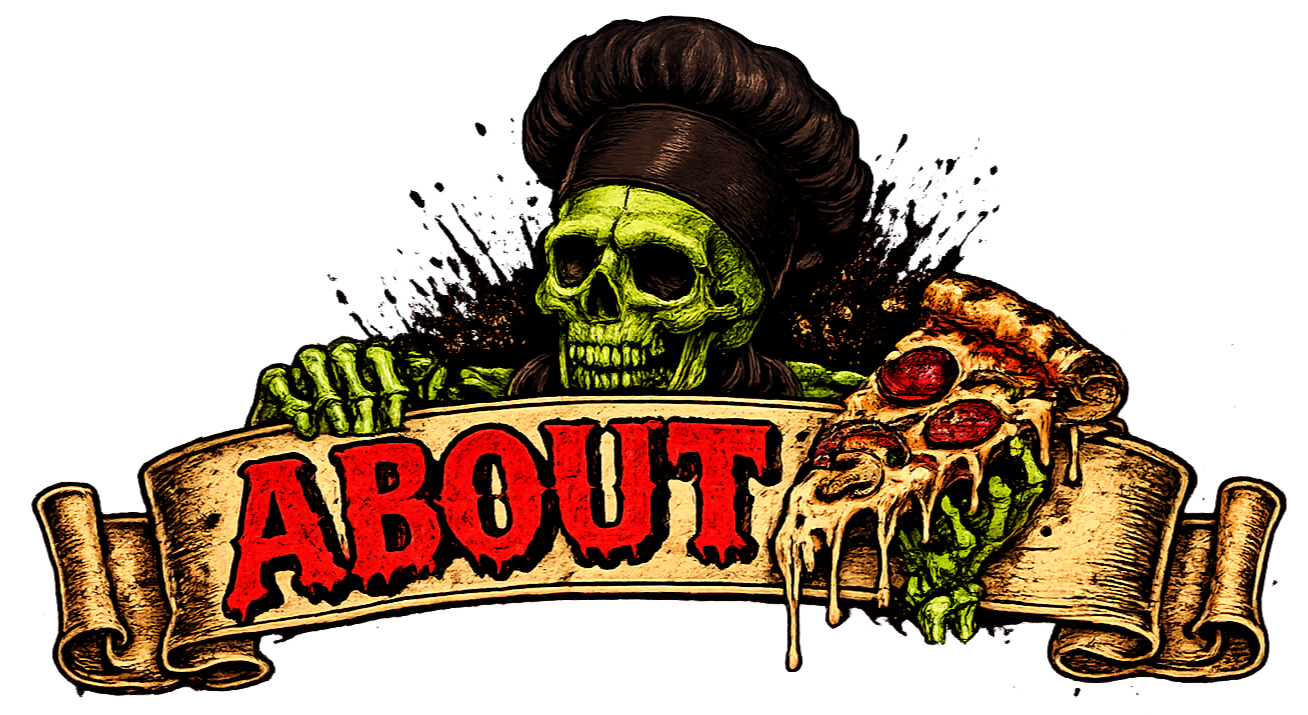 A skeleton with a green skull and green bones wearing a chef's hat in front of a banner with the word 'ABOUT' in red, dripping letters, holding a pizza with pepperoni and melted cheese. Image for About Us page from Skeleton Pi.