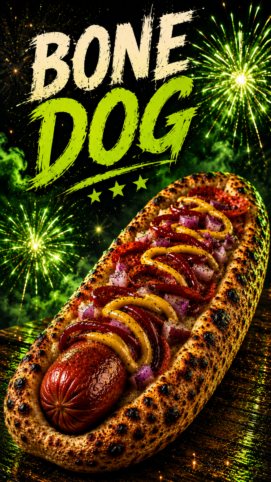 Skeleton Pi Geraldine's Pizza of the Week. Hot dog with grilled bun, topped with relish, mustard, ketchup, onions, and peppers, with a backdrop of fireworks and the text 'Bone Dog'.