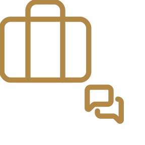 Outline icon of a suitcase with a speech bubble nearby.