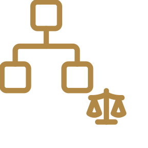 Diagram of a hierarchical structure with connected boxes and a scale icon.