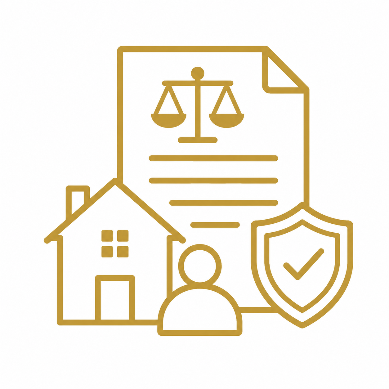 Line drawing of a house, a person, a shield with a checkmark, a legal document with a scales of justice icon, and lines of text.