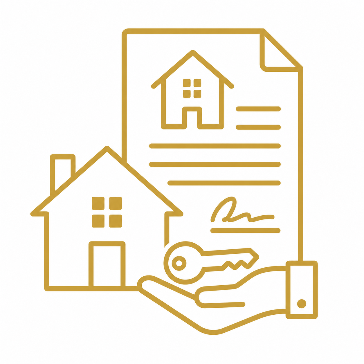 Outline illustration of a house, a property deed with home icons, a hand holding a key, in gold line art style