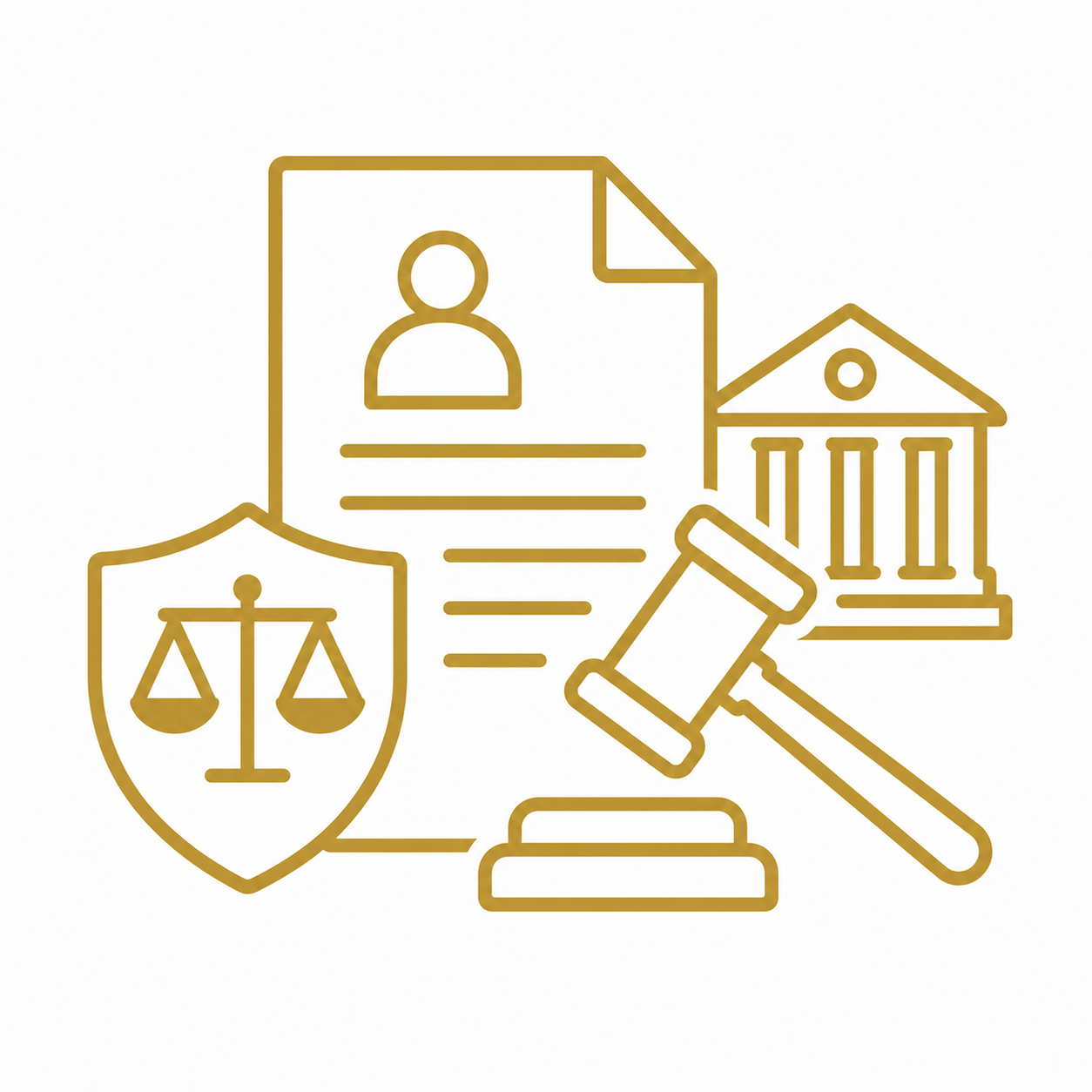Legal symbols including a shield with scales, a gavel, a courthouse, and a legal document with a person's profile, all in gold outline on a white background.