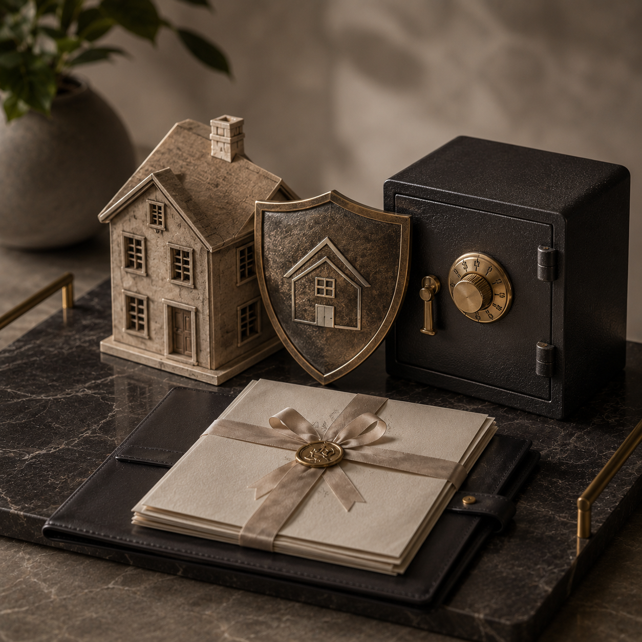 A decorative miniature house, a shield with a house icon, a black safe with a combination lock, and a closed envelope tied with a ribbon and a wax seal, all on a marble table with a potted plant in the background.