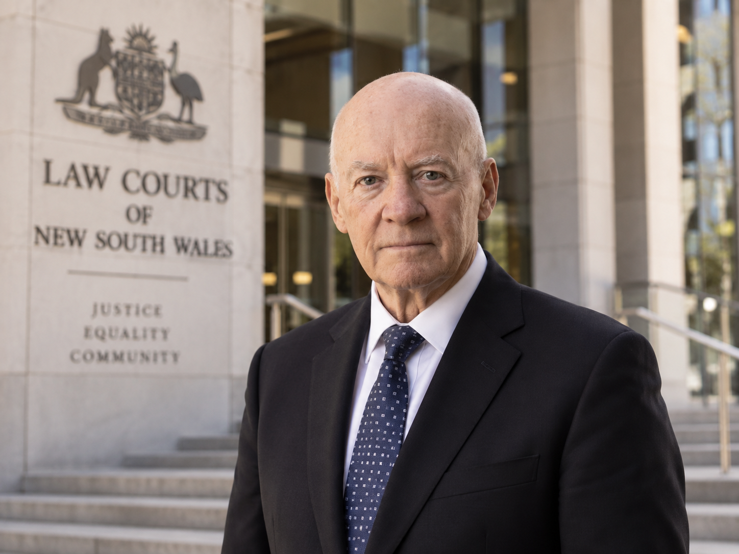 An older man in a suit and tie standing outside the Law Courts of New South Wales in Sydney, Australia, with a serious expression.
