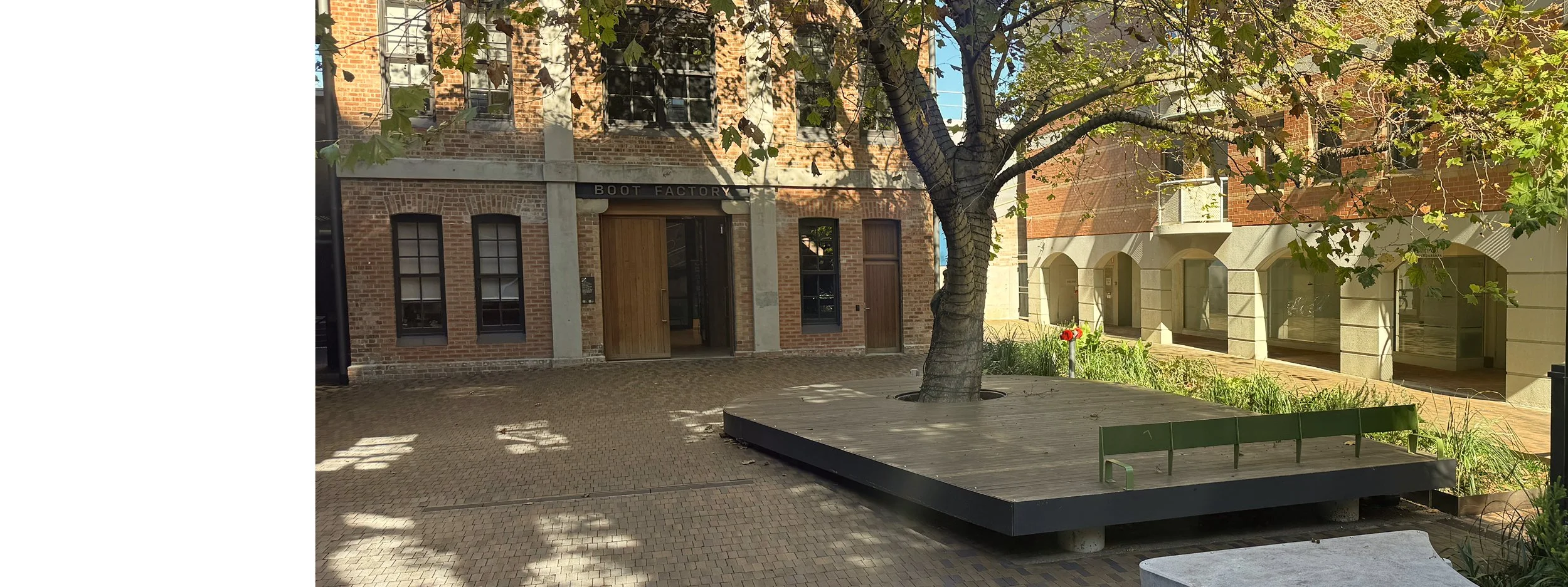 A storefront called 'Boot Factory' with a large tree in a planting bed in front, casting shadows on the brick sidewalk. The building has large windows and a wooden door. There is a green bench and some plants around the tree.
