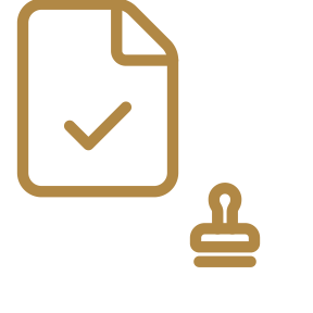 A document icon with a checkmark and a stamp icon.