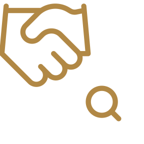 Gold outline of a handshake with a magnifying glass icon beside it.