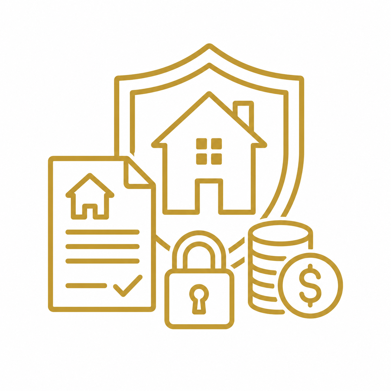 Outline of a home, financial documents, a lock, a stack of coins, and a shield representing home protection, security, and homeownership finance.