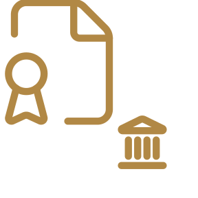 Icon of a certificate or diploma with a ribbon, and a courthouse or government building symbol.