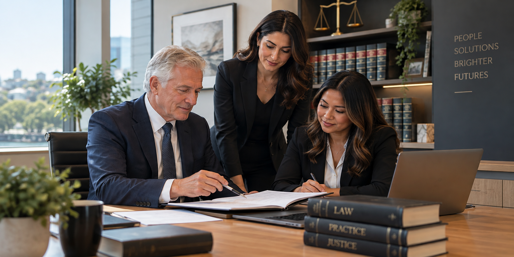 Three business professionals in suits working together in an office with large windows and a cityscape view, reviewing documents on a desk with legal books labeled "Law," "Practice," and "Justice."